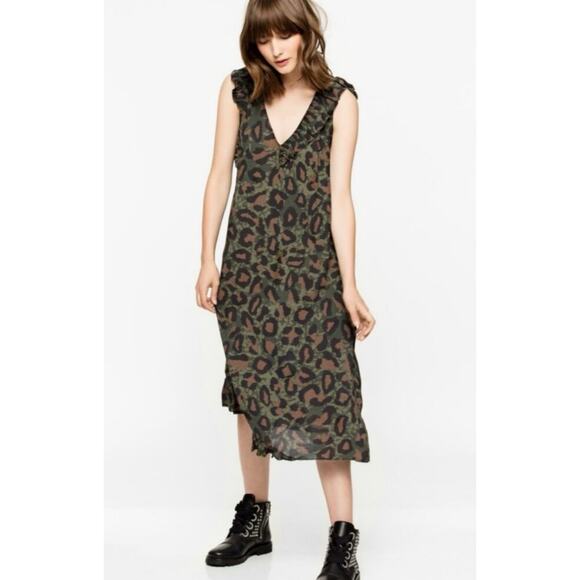 Zadig & Voltaire Rebelle Leo Green Brown Ruffle Trim Camo Midi Dress XS